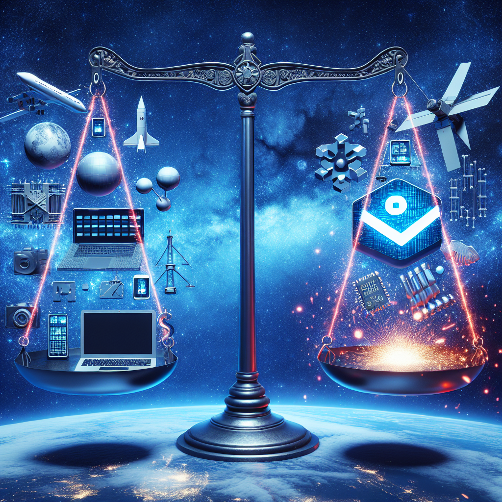 Imagine a symbolic representation of escalating tech tensions between two countries. Depict a large scale on a celestial background, with one side of the scale balancing a 3D model of the United States, and the other side a 3D model of China. On the US side, illustrate technological items such as a laptop, satellite, and microchip. On the China side, illustrate a mobile application logo, representing a popular short-video platform. In the middle of the scale, show sparks flying, symbolizing the friction between the two nations.