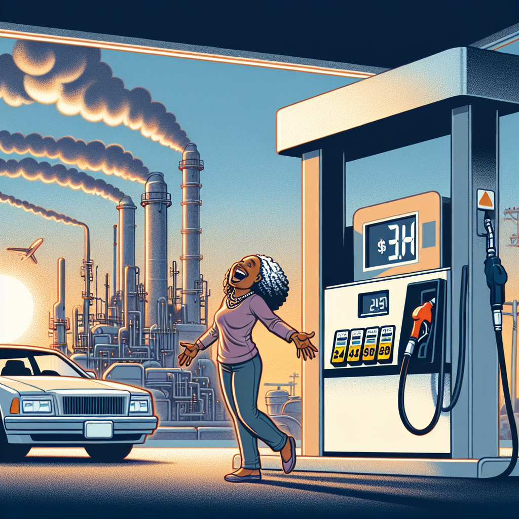 An illustrative image depicting a dramatic fall in gas prices. Attached are two key elements: first, a large gas pump with dwindling numbers on its digital screen, showing a significant drop in gas prices; this pump occupies one side of the scene. Second, on the opposite side, there’s an ecstatic, middle-aged, Black female motorist wearing casual clothing, standing next to her car at a fuel station and looking blissfully at the pump. In the background, the oil refinery machines are seen idle or paused, signaling the shift in energy policy. Sun is low on the horizon, symbolizing the end of an era.