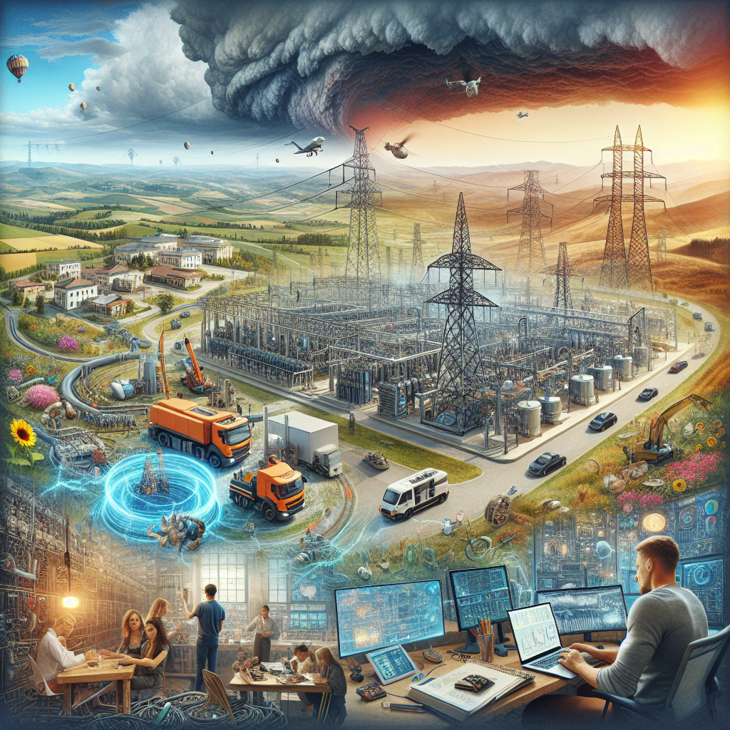 A detailed panorama of various components that contribute to national power grid stability. On the left, illustrate an electrical power station, buzzing with energy and machinery. In the middle, show power lines stretching across diverse landscapes - rolling hills, flat plains, and a bustling city. On the right, include an image of a family in their home, using gadgets and appliances powered by electricity. To hint at the risk of a grid failure, paint the sky with dark, threatening storm clouds. A team of Caucasian, South Asian, and Hispanic engineers working attentively onsite can be seen, depicting proactive efforts in preventing blackouts.