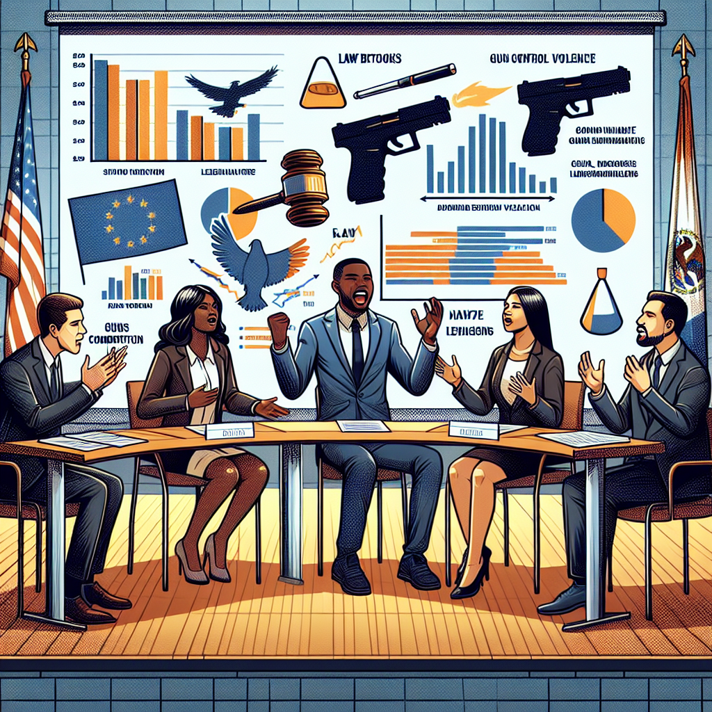 Show an image of a panel discussion happening in a professional conference room. The panel consists of five people; two are Caucasian men, one is a South Asian woman, another is a Black woman, and the last is a Hispanic man. They are passionately discussing strategies for combatting gun violence, visible by charts and infographics related to gun control legislation on a projection screen behind them. Include depictions of various law books, gavels, and the American flag as symbols of legislature and justice.