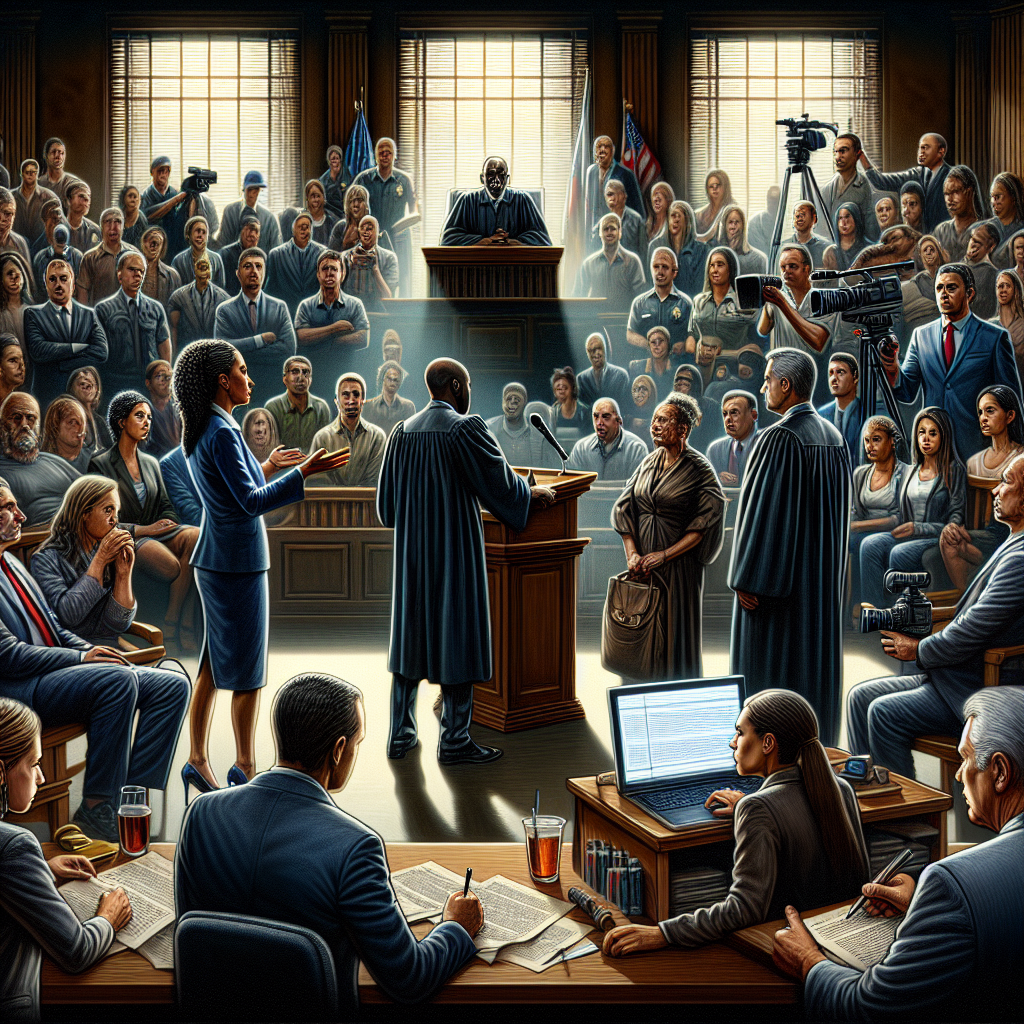Imagine an image depicting the concept of a high-profile criminal trial in the United States, without focusing on any particular figures, public personalities or specific trials. The scene shows a detailed courtroom setting with a diverse mix of people involved: a black male judge presiding over the court, a middle eastern female lawyer presenting her case passionately, a caucasian male court reporter typing swiftly, and a jury composed of people of different descents and genders listening attentively. Also, create a sensation of suspense and surprise, representing the theme of 'unprecedented verdicts'. The foreground is dominated by a legal document with a prominent title, 'Unprecedented Verdicts'. Please maintain an appropriate respect for the seriousness of the topic.