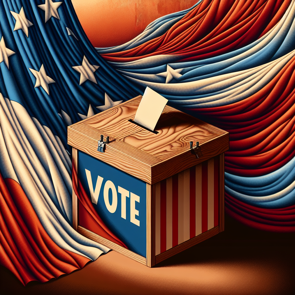 Visualize a symbolic representation of the voting law changes impacting US elections. The artwork should be designed as an abstract interpretation without including specific political figures. To depict the idea, use an image of a traditional wooden ballot box with votes being cast, with a large American flag draped in the background. It's important to communicate the gravity and seriousness of the subject, perhaps using a strong contrast between light and darkness. Don't include any specific political symbols other than the US flag.