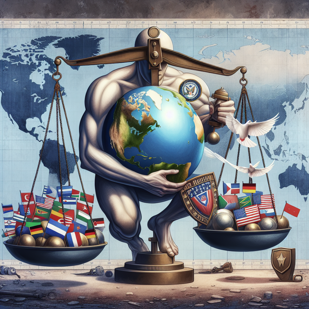 Visualize a symbolic representation of US military aid influencing global security. Include a Caucasian male depicted as the symbol of US military aid holding a globe in his hand with different flags representing various countries. Show weights on a balance scale, tilted in favor of the globe to symbolize the impact. Display various symbolic elements of security such as shields and doves to represent peace. The backdrop should have a panoramic view of a world map.