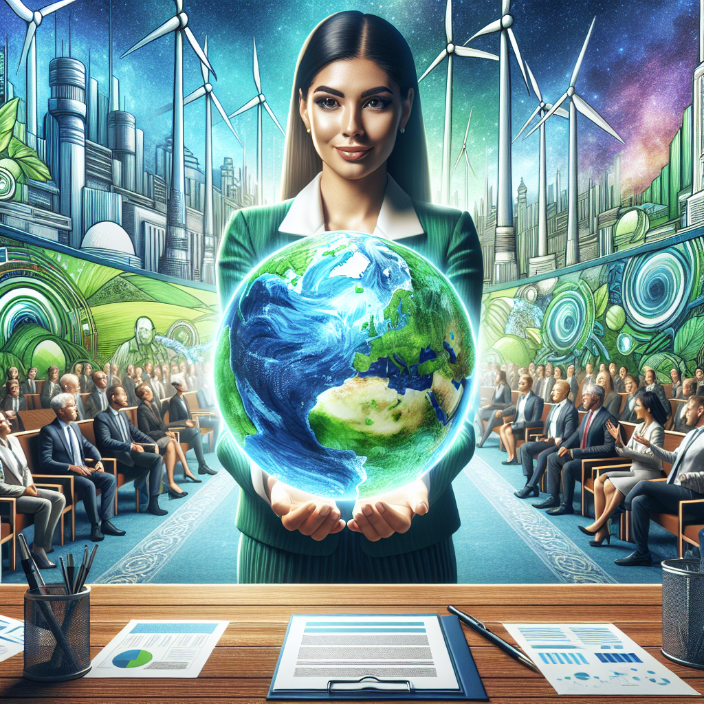 An illustration of a vibrant green and blue planet Earth, nestled gently within the hands of a South Asian female lobbyist wearing business attire. The backdrop reveals a futuristic city powered by renewable energy sources like wind turbines and solar panels. She stands in a legislative assembly, with men and women of various descents, passionately discussing clean energy and climate change policies. Visible on the wooden table in the forefront, there are documents titled 'Clean Energy Investments' and 'Climate Change Legislation'. All elements of the image convey a sentiment of optimism and determination towards a sustainable future.