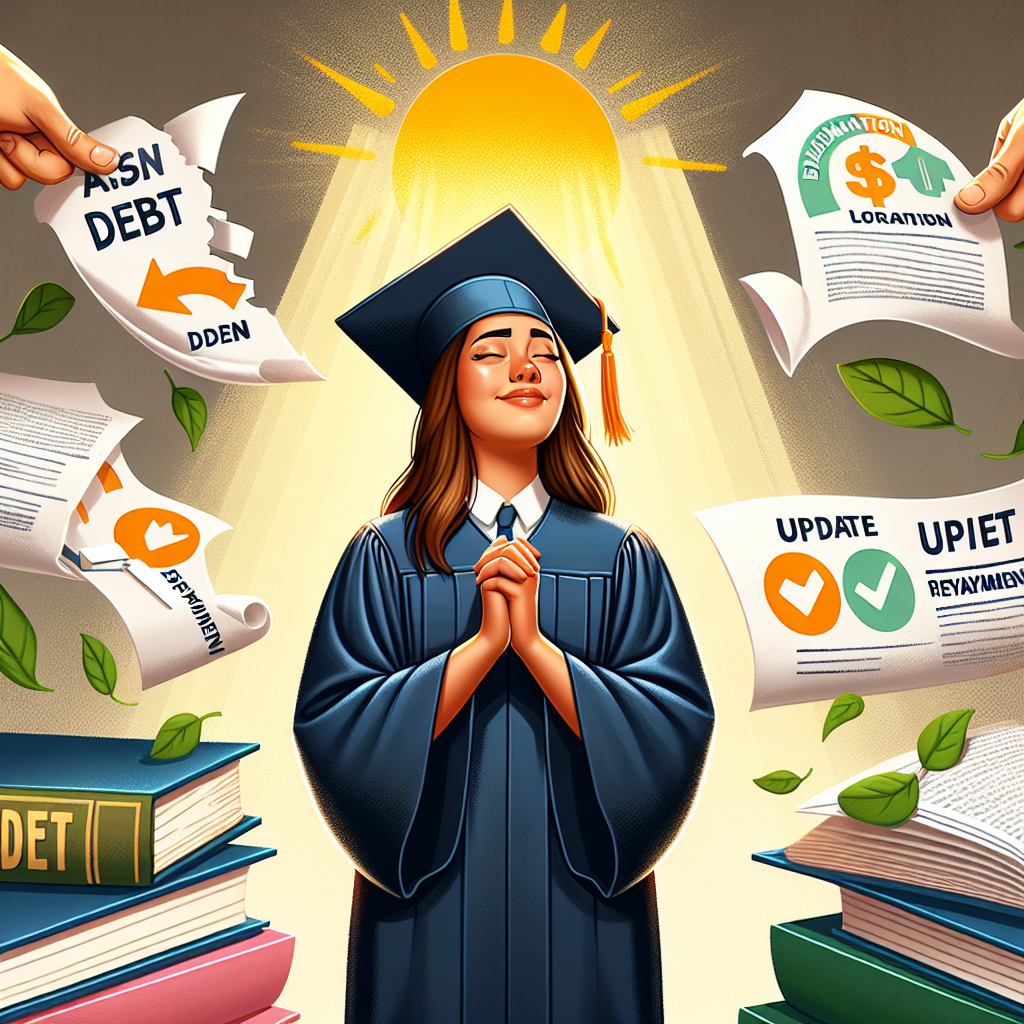 Visualize an image representing the concept of student loan forgiveness. Show a young, Hispanic female student in graduation gown and cap feeling relieved, with debt papers being torn apart in the background. The background also includes a brightly shining sun, symbolizing new beginnings. On the torn papers, specific words like 'Debt', 'Loan', 'Repayment' should be visible. Also, incorporate a large update icon to denote the 'updates' in repayment plans. Include elements denoting the education like books, diploma etc. The overall tone should convey positivity and hope.