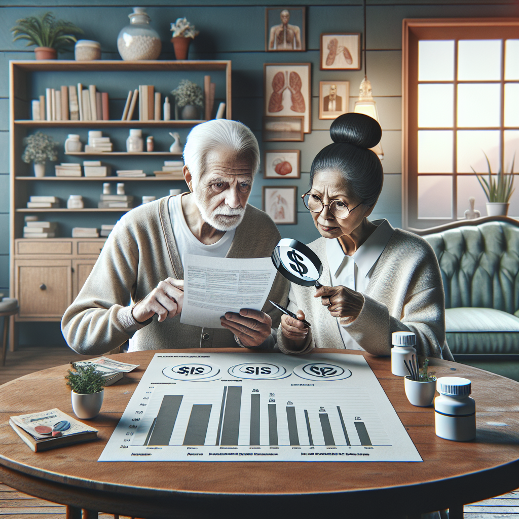 Visual metaphor of an elderly couple, one Caucasian man with thinning grey hair and one South Asian woman with a bun, sitting at a wooden table in their home, studying healthcare documents with a magnifying glass. The documents show elements like charts, graphs, and dollar signs to represent lower healthcare costs. The surrounding room is filled with elements of a typical living room, including a bookshelf with medicines and medical books, a vintage couch, and a couple of indoor plants. The overall atmosphere is peaceful and enlightening.