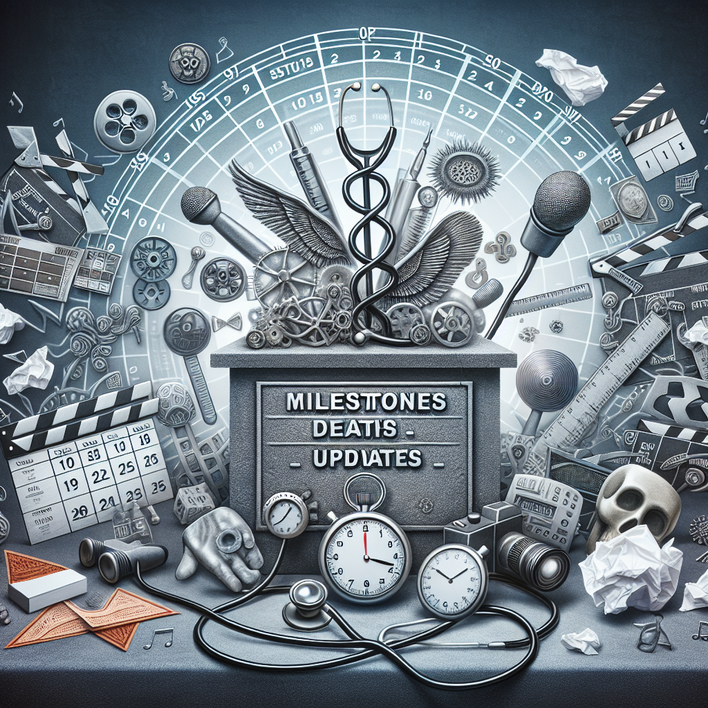 A creative and high-resolution composition representing an article about updates in the health conditions of well-known figures in the entertainment industry, showing essential milestones, unfortunate passings, and critical health updates. Picture includes a symbolic pedestal with the words 'Milestones','Deaths', and 'Updates' etched on it, a stethoscope, a stopwatch implying significant times, a calendar indicating events, and a crumpled tissue symbolizing sadness. Background showcases the world of entertainment with elements such as a film reel, a clapperboard, radio microphones, and theatre masks.