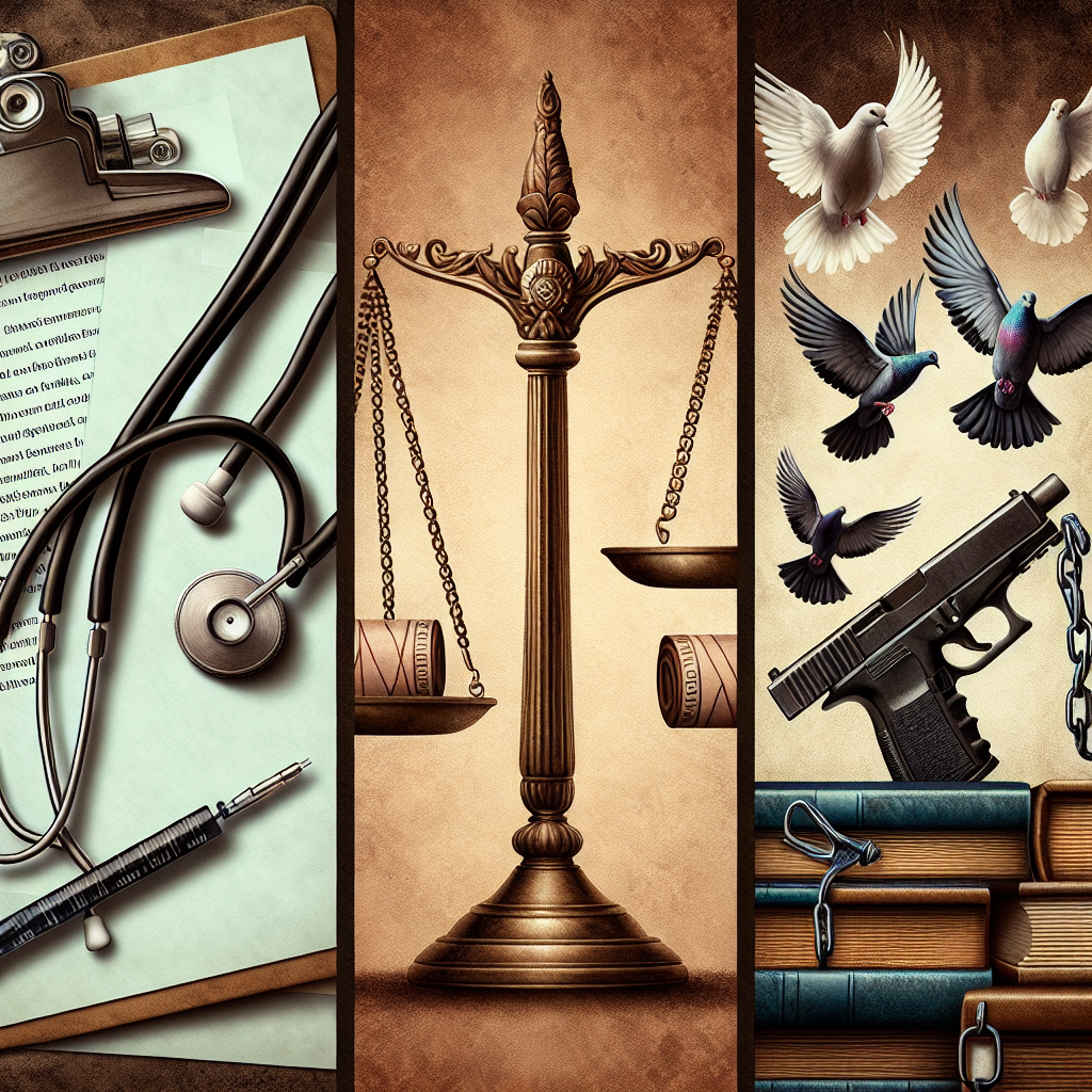 A vertical triptych of images representing key decisions by an esteemed court of law. The first image shows a medical stethoscope and a patient file, symbolizing the ever-evolving discussions and decisions around medical procedures. The middle image depicts a balance scale, one side laden with a pistol, the other with peaceful doves, encapsulating the debates around firearm legislations. The final image displays a stack of books tied with chains, reflecting the concerns of student loans.