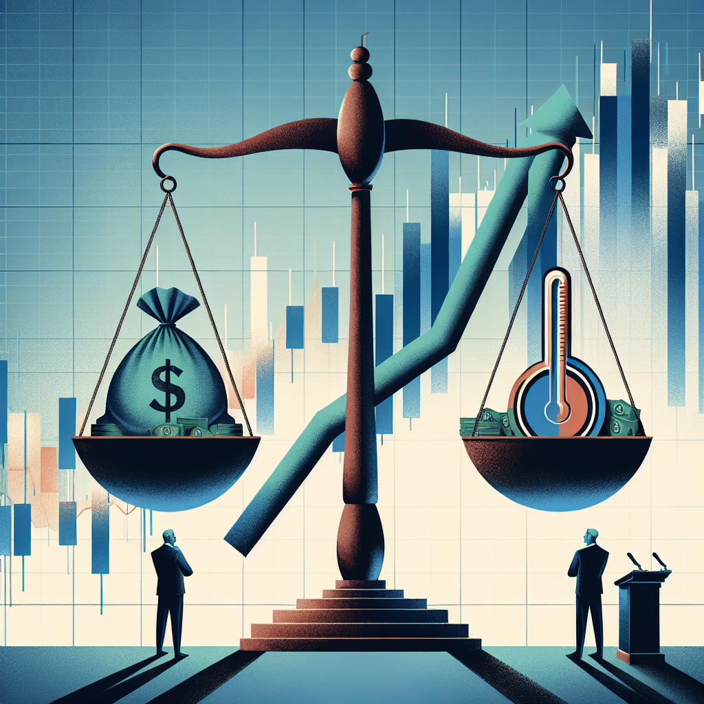 Depict a symbolic image representing the Federal Reserve's interest rate decisions. Illustrate a balance scale, on one side place a sack of money symbolizing economy and on the other, a thermometer indicating high temperature as a metaphor for inflation. In the background, have an abstract, simplified representation of a graph depicting the fluctuating interest rates. For a human element, include an Asian male and a Hispanic female as strategists, contemplating the balance and devising strategies, positioned on the sides of the scale.
