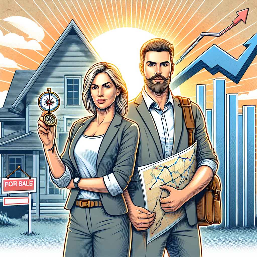 Depict a scene featuring a Caucasian male and a Middle Eastern female standing together in front of a home with a 'For Sale' sign. Both are dressed in business casual attire, representing real estate professionals. The woman is holding a compass, while the man has a map, symbolizing navigation. Rising graph lines in the background represent increasing mortgage rates. Also incorporate a bright sun in the sky, symbolizing the 'crisis' in the U.S. housing market. This visual metaphor encapsulates the need to develop strong strategies to navigate the challenging landscape of the current housing market.