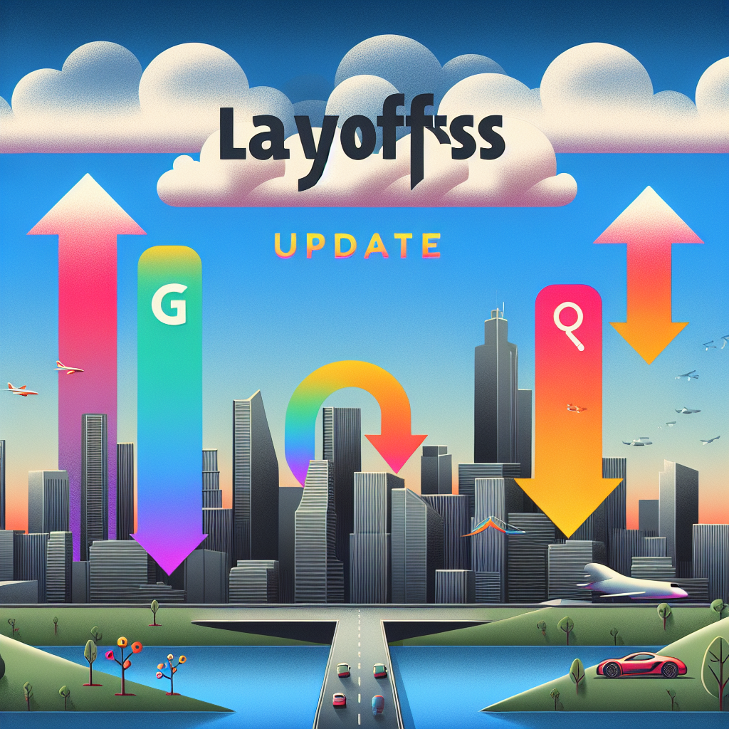 A digitally illustrated cityscape that illustrates the concept of technology industry layoffs. The city is dotted with iconic symbols of major tech companies like a playful multicolor 'G' for a search engine giant, a curvaceous arrow signifying an e-commerce powerhouse, and a sleek electric car as a symbol for an innovative automotive company. In the sky, a series of clouds shaped like downward-pointing arrows overlay the city, symbolizing the layoffs. The title 'Tech Layoffs Update' is boldly displayed overhead.
