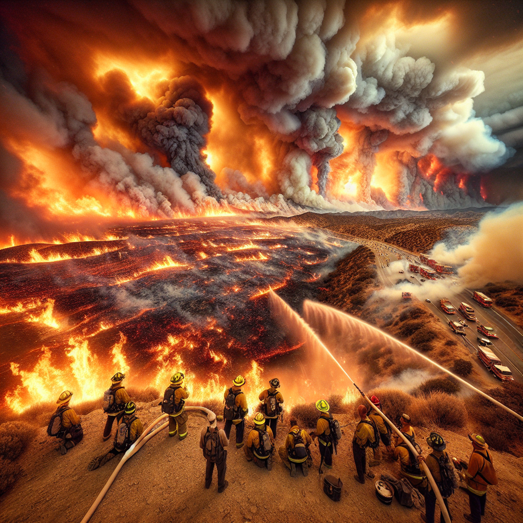 An intense visual capturing the theme of wildfire emergencies and extreme heatwaves in the US. Imagine a panoramic view of an arid landscape under a scorching sky, with flames and smoke billowing from the wilderness. Include unfazed firefighters, a diverse crew in gender and descent including Caucasian, Hispanic, and Black men and women, battling the fierce fire with determination, their hoses aimed at the heart of the blaze. Show locals from different descents, including Middle-Eastern, South Asian, and White, observing the scene from a safe distance, their eyes filled with concern yet hope. The whole scenario should provide a compelling narrative of resilience against natural disasters.