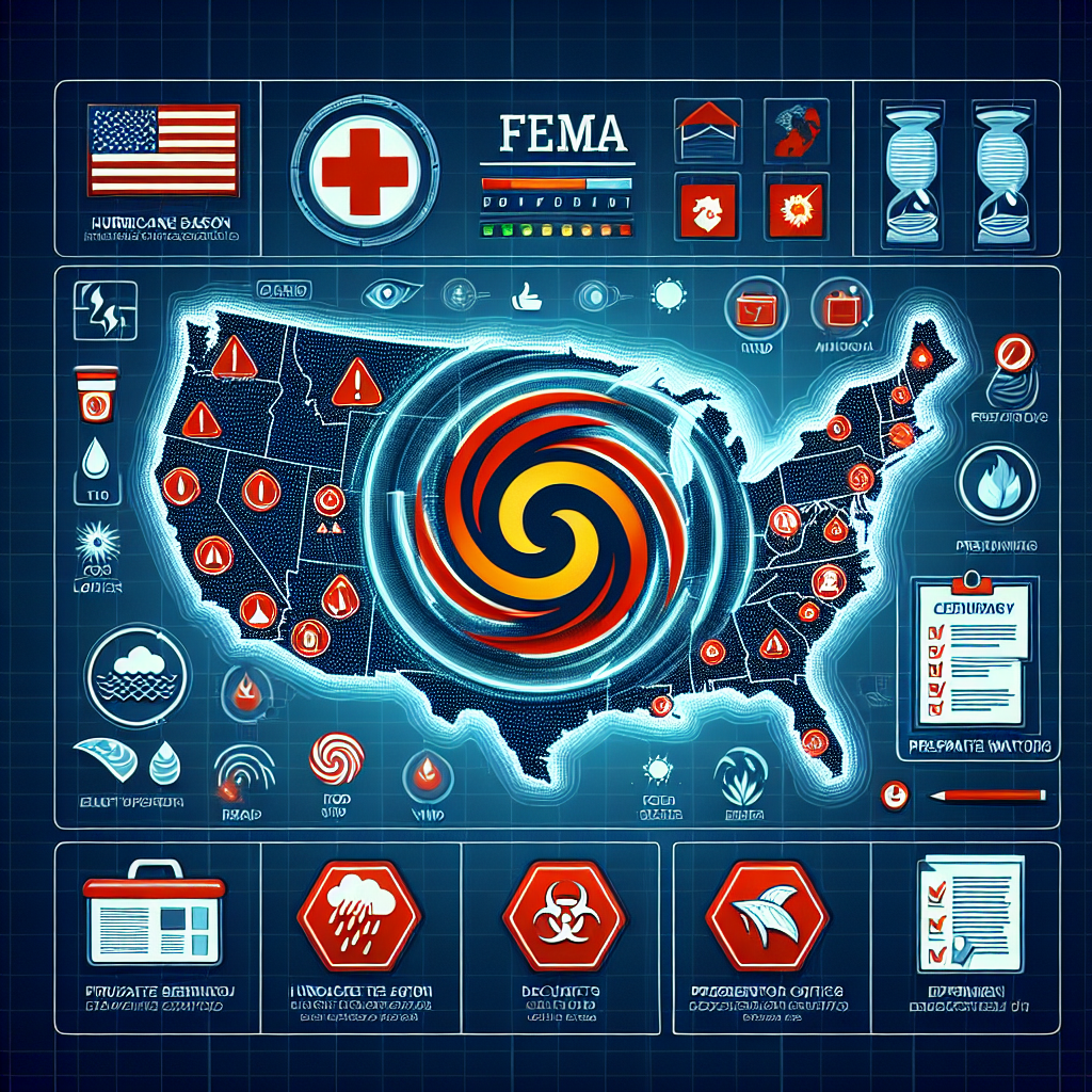 Design a highly informative and attention-grabbing image that captures the essence of hurricane season alerts by FEMA. The image should feature a large hurricane symbol on a digital map of the United States. The map should show different weather patterns and icons to symbolize wind, rain, and extreme conditions. At the corner of the image, place a checklist with preparation items such as food supplies, documents, and emergency kits. Make sure to incorporate appropriate colors to depict urgency like red and yellow. Do not forget to include the FEMA logo subtly yet noticeably in the image.