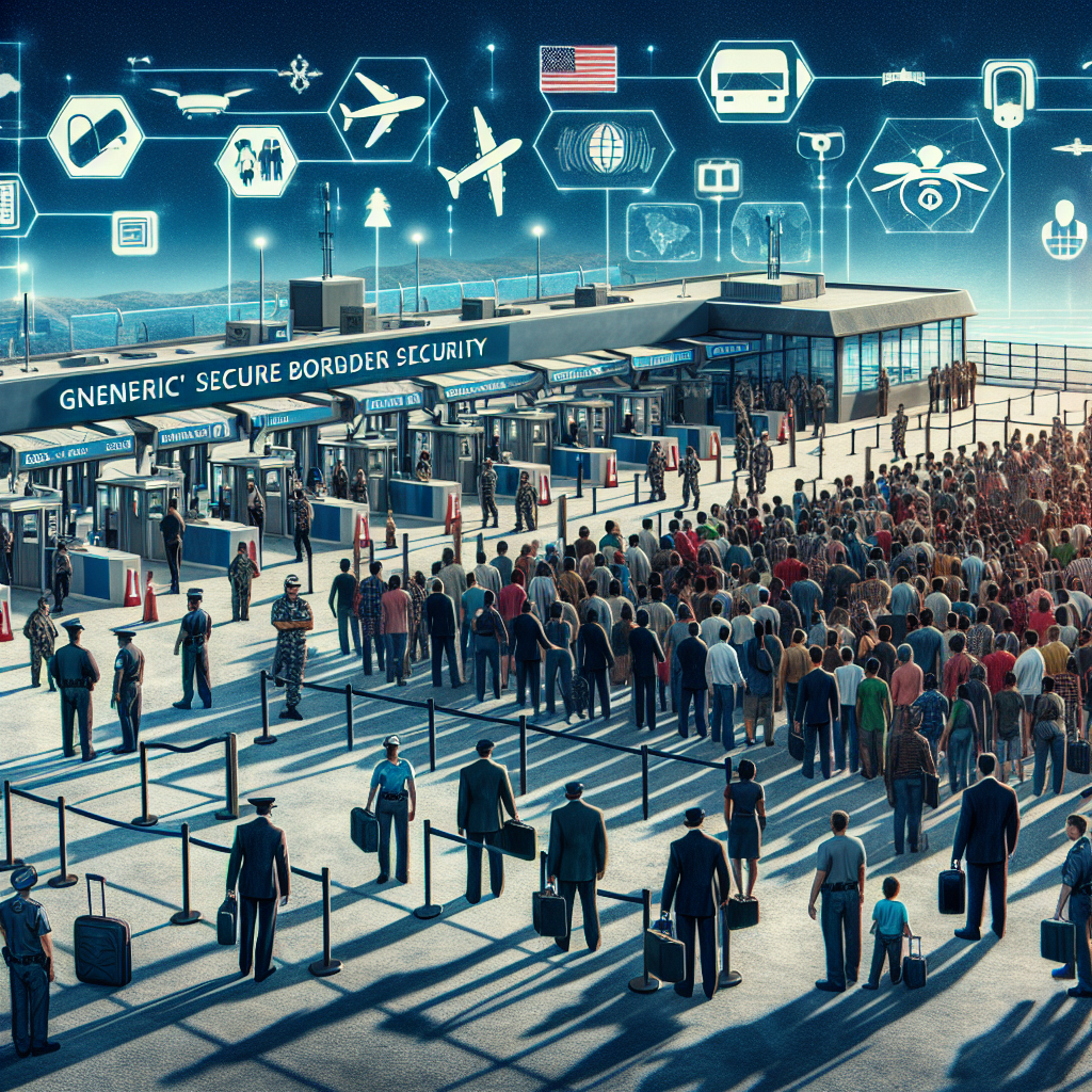 Visualize the concept of 'border security' without pinpointing any specific country. Show a generic secure border checkpoint with uniformed officials of varied gender and descents such as Caucasian, South Asian, Hispanic, and Black. Incorporate elements such as checkpoint booths, security barriers, cameras, and signage. In the foreground, depict a diverse crowd of people waiting in line. Some people could be families, some could be individuals, with an equal mix of gender and descent. Overlay an aura of innovativeness and technology advancements in the image, with suggestions of cutting-edge tools like drones, electronic databases on computer screens etc.