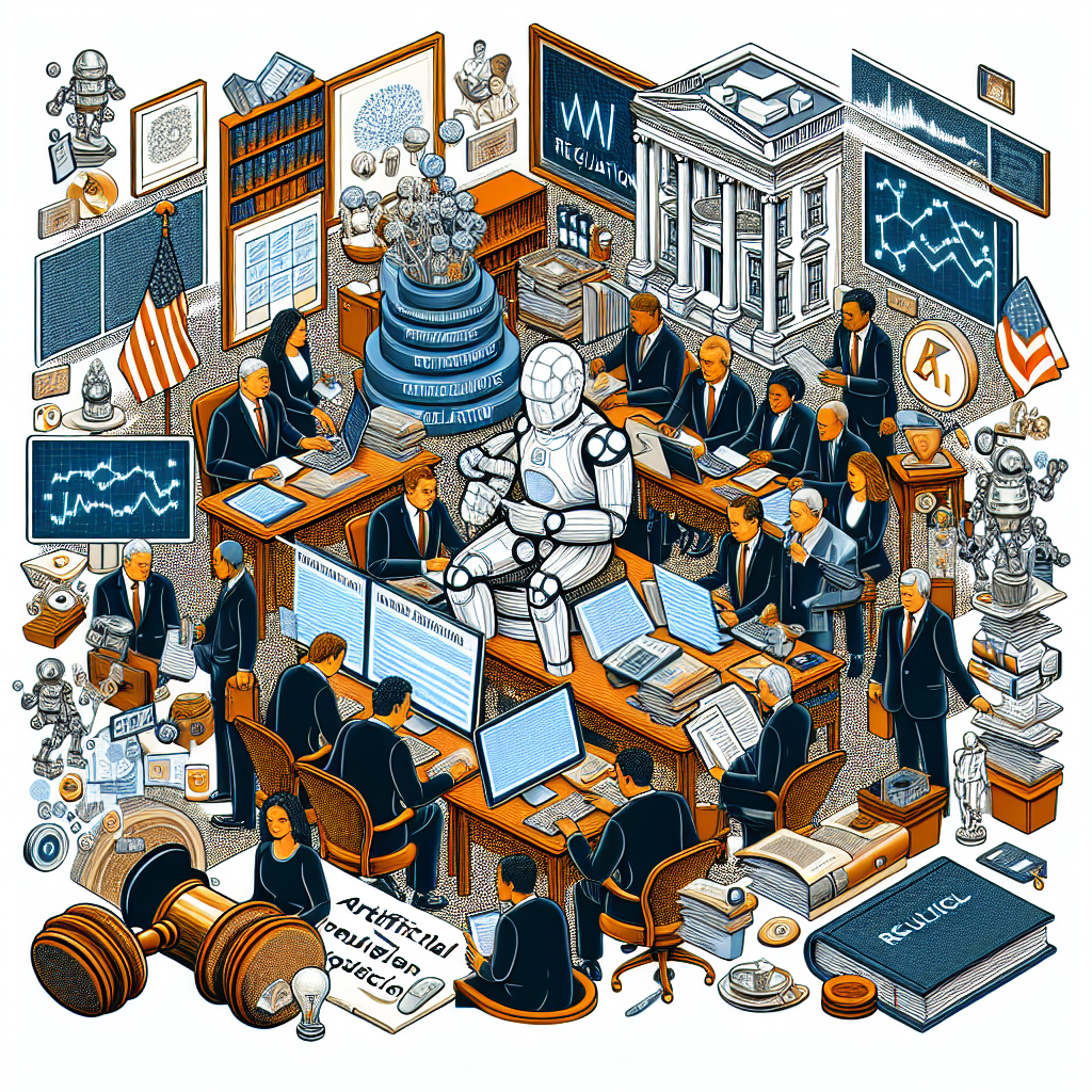 An intricate illustration related to the theme of 'Artificial Intelligence Regulation'. Depict a diverse group of people diligently working on policy documents in a traditional office setup, indicative of the White House's working environment without referring directly to it. Include iconic items such as files, computers, AI charts, and legal books. The main focus should be on the strategic planning process, including brainstorming sessions, discussions, and collaborative decisions. To imply regulation, incorporate the illustration of a gavel. However, do not reference specific public figures or politicians.