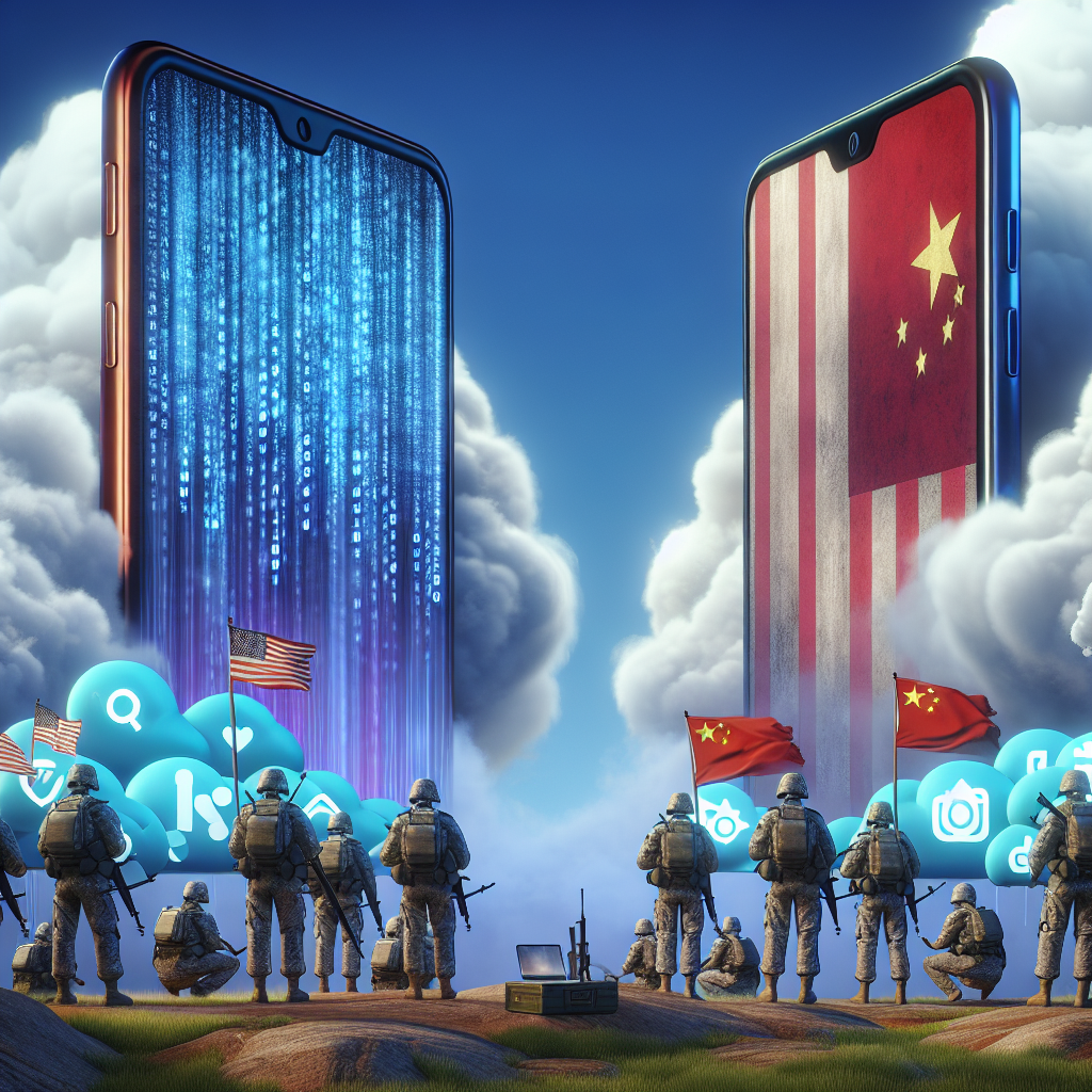 A conceptual depiction of digital battlefields with symbolic representation of two groups -- one representing the US tech industry and another representing Chinese tech industry. In the foreground, a giant smartphone, painted with the American flag, opposite from it another smartphone painted with the Chinese flag. The smartphone screens show many tiny binary code soldiers battling each other — symbolizing the tech tensions. Sky overhead is filled with clouds shaped like thought bubbles containing symbols for popular social media platforms, including an unidentified video-sharing platform symbol to represent TikTok.