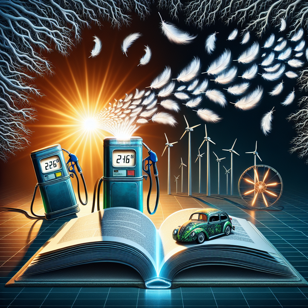 Visual representation of a decrease in gas prices. On the left, we see gas pumps with ever-decreasing numbers signifying the fall in prices, the numbers transforming into feathers, symbolizing its lightness and sudden drop. In the centre, a thick book titled 'Guide to US Energy Policy Shifts'. The book emitting streams of light symbolizing new knowledge or directions. The background should be a branching pattern that spread from the book, representing the wide-ranging impacts or shifts in US energy policies. On the right, a metaphorical representation of a gear shift with the gears moving towards renewable energy; windmill, solar panels, and electric vehicle charger.