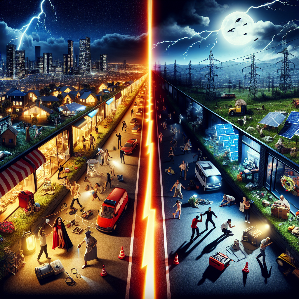 A dramatic image representing the concept of power grid failure, defined by a scene of a city at evening, with half of it brightly lit showing thriving businesses and happy citizens, while the other half lies in darkness, unlit streets with concerned citizens fumbling around with flashlights. Show the city's transition line between light and dark sharply splitting the image in half. An alarming red warning symbol floats in the dark half, indicating nationwide blackout alerts. Alongside, exhibit visuals of critical precautions like people working on backup generators, solar panels, and non-electrical resources.