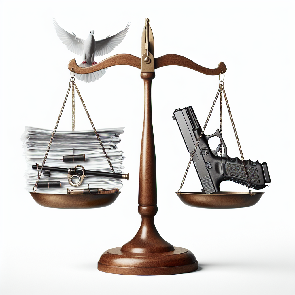 A conceptual image denoting federal gun control legislation. Picture scales of justice delicately balanced on a white background. On one side is a pile of legal documents representing the legislation, and on the other side is a semi-automatic handgun, symbolizing the issue at hand. Additionally, include a peace dove flying overhead as a symbol of hope for resolving gun violence.