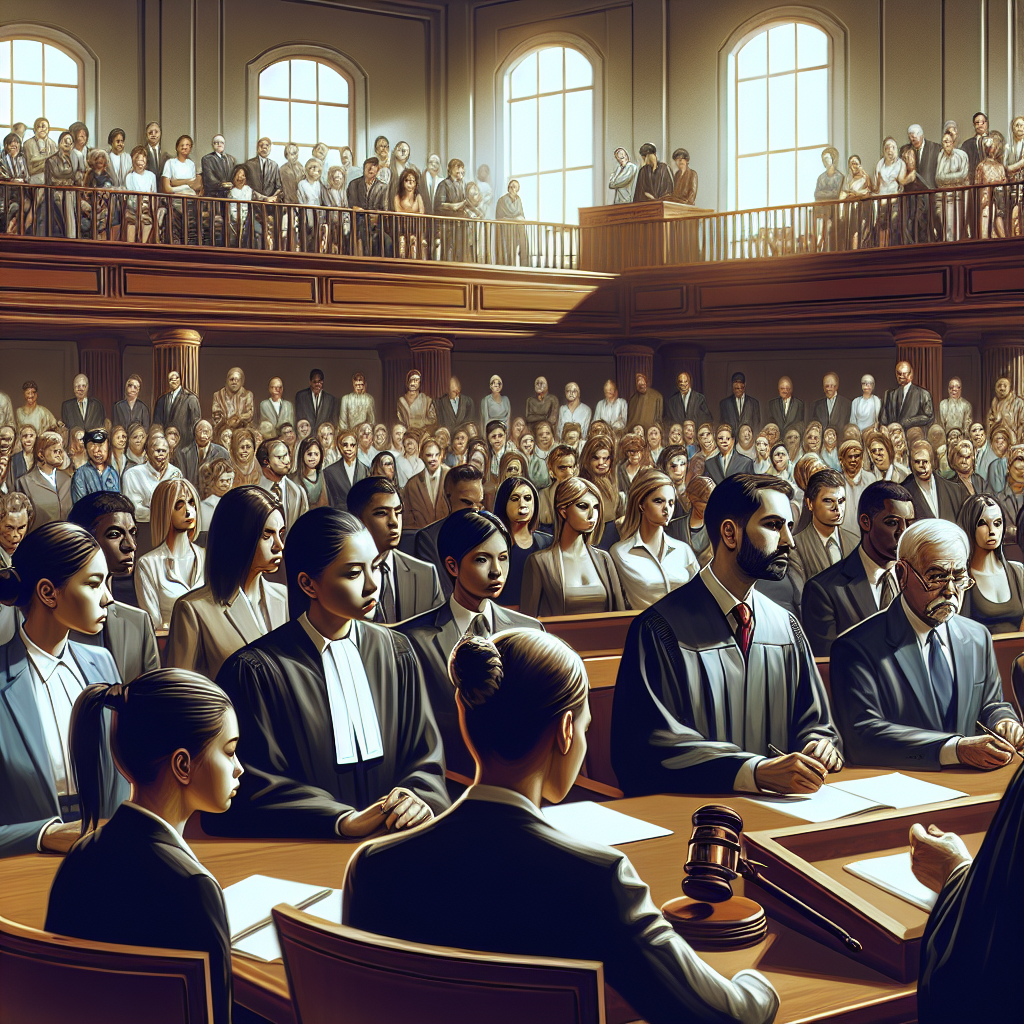 A traditional, busy courtroom filled with a diverse set of people reflecting different descents and genders. In the center, a serious judge, a male of Middle-Eastern descent, is passing a verdict. On left, an Asian female defense lawyer is patiently listening, and on the right, a Black male prosecutor is taking notes. The public gallery in the background is packed with diverse spectators watching with anticipation. The mood is tense and the atmosphere is charged, reflecting the high-profile nature of the criminal trial. Note: No real individuals or specific trials are depicted.