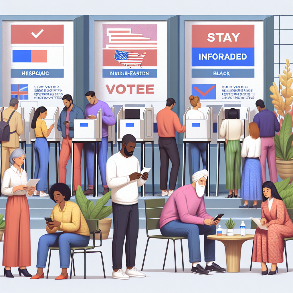 Illustrate an image showcasing a diverse group of people from various descents such as Caucasian, Hispanic, Black, Middle-Eastern, South Asian, partaking in the act of casting their votes in a modern voting booth. Integrate elements of technology within the scene to imply the 'effortless' concept, such as digital voting machines, and perhaps some of the people browsing on their smartphones - presumably reading up on the latest updates about voting laws. Also, depict a corner of the scene, showing a large billboard displaying 'Stay Informed' with a variety of news updates related to voting and laws.