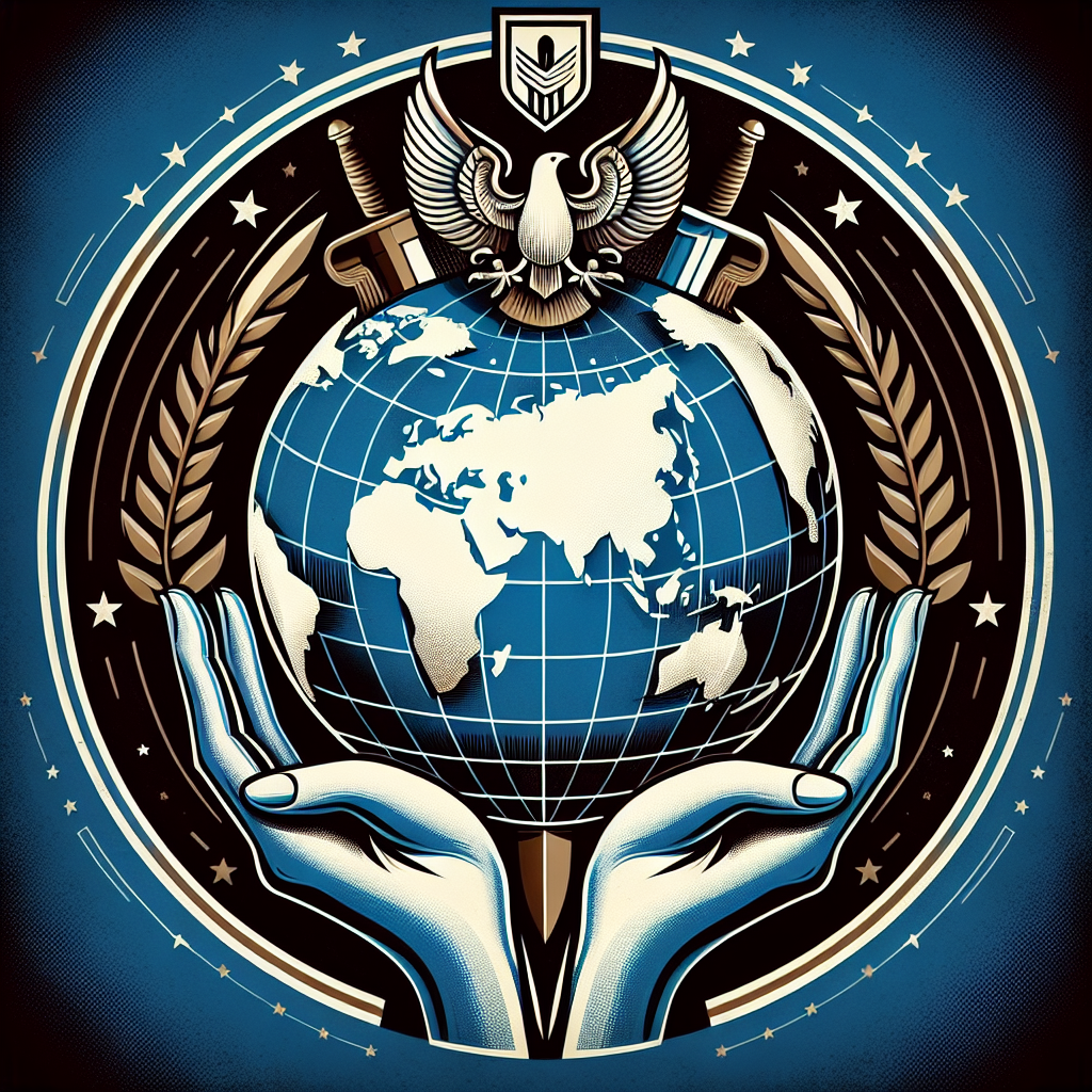 An image inspired by an international relations setting. In the center, a stylized globe showcasing various continents. Above the globe, a pair of hands that symbolize aid, holding a shield and sword, representing defense and military power. The shield has an emblem of an eagle, universal symbol of strength. On the background, the symbol of peace - a dove flying upward - has been subtly woven into the sky, signifying the ultimate goal of security efforts. Dominant colors to be used are blue, white, and bronze, sticking to official, somber and majestic tones.
