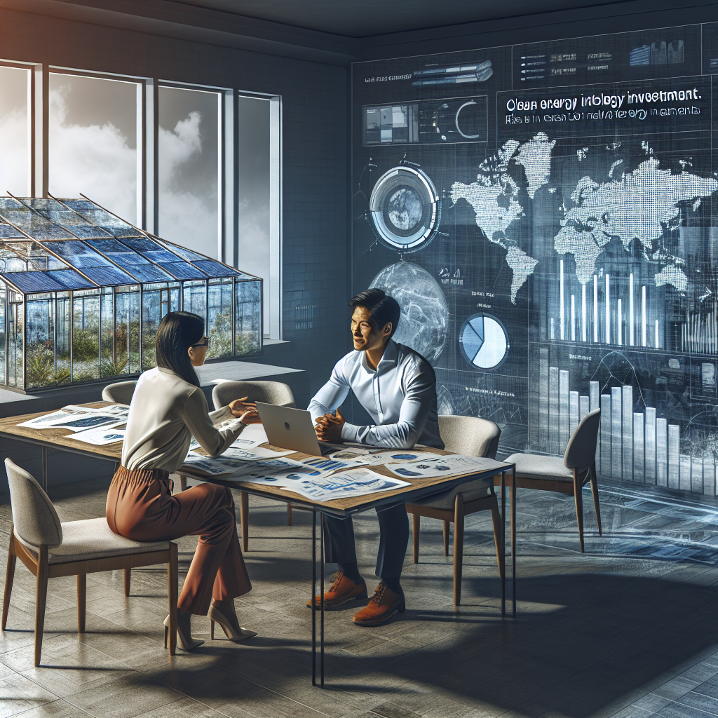 A detailed scenario depicting a Caucasian woman and a South Asian man having a discussion in a boardroom. The design of the room hints on sustainable architecture with features like solar panels visible through a large window. On their table are papers and a laptop, displaying data about clean energy investments and climate change. There is also a graph showing rise in clean technology investments. In the background, against a wall, is a large world map with highlighted regions benefitting from clean energy strategies. The overall atmosphere is focused, hopeful and forward-thinking.