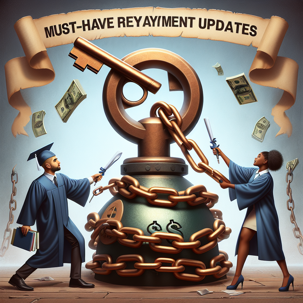 An image that illustrates the concept of Student Loan Forgiveness. In the middle of the composition, there is a large, bronze key representing the key to financial freedom. The key is locked in chains of debt, illustrated by chains wrapped around the key, with each link in the shape of dollar signs. On one side of the image, a male Hispanic graduate in cap and gown is holding one end of the chain, struggling. On the other side, a female African American student with textbooks under her arm is pulling the other end. In the background, there's a parchment banner unfurling with words 'Must-Have Repayment Updates' written on it.