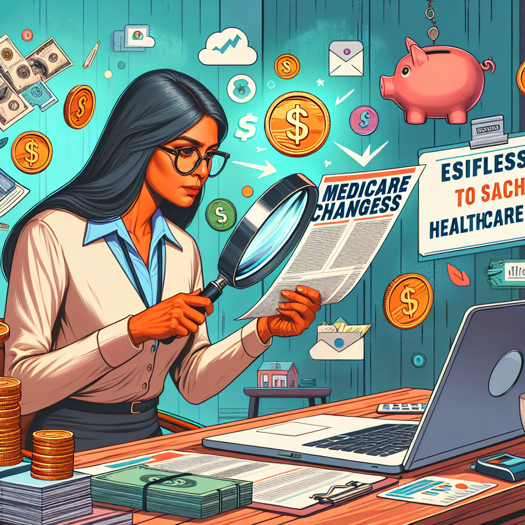 Visualize a calm and well-organized home office filled with healthcare related literature, brochures, and manuals on a wooden desk. There is an open laptop displaying the headline 'Medicare Changes'. Beside the laptop, a list titled 'Effortless Tips to Slash Healthcare Costs' is prominently displayed. South Asian woman in her mid-50s, donned in a professional attire, scrutinizes the information with a magnifying glass, symbolizing a detailed analysis. The woman is surrounded by significant symbols of saving, such as piggy banks, coins, and dollar signs.