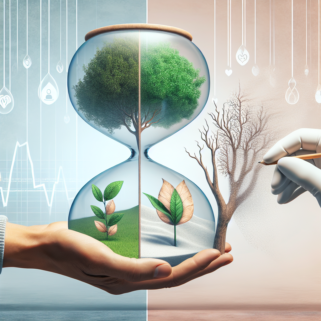 Conceptual image representation of a news article featuring significant health milestones and unfortunate passings. Capture a sense of time passing with a large hourglass in the center. On one side of it, illustrate a healthy tree flourishing with vibrant leaves symbolizing vitality and milestones. On the other side, depict a wilting tree to signify the concept of loss. Keep the atmosphere respectful and empathetic, using soft, soothing colors.