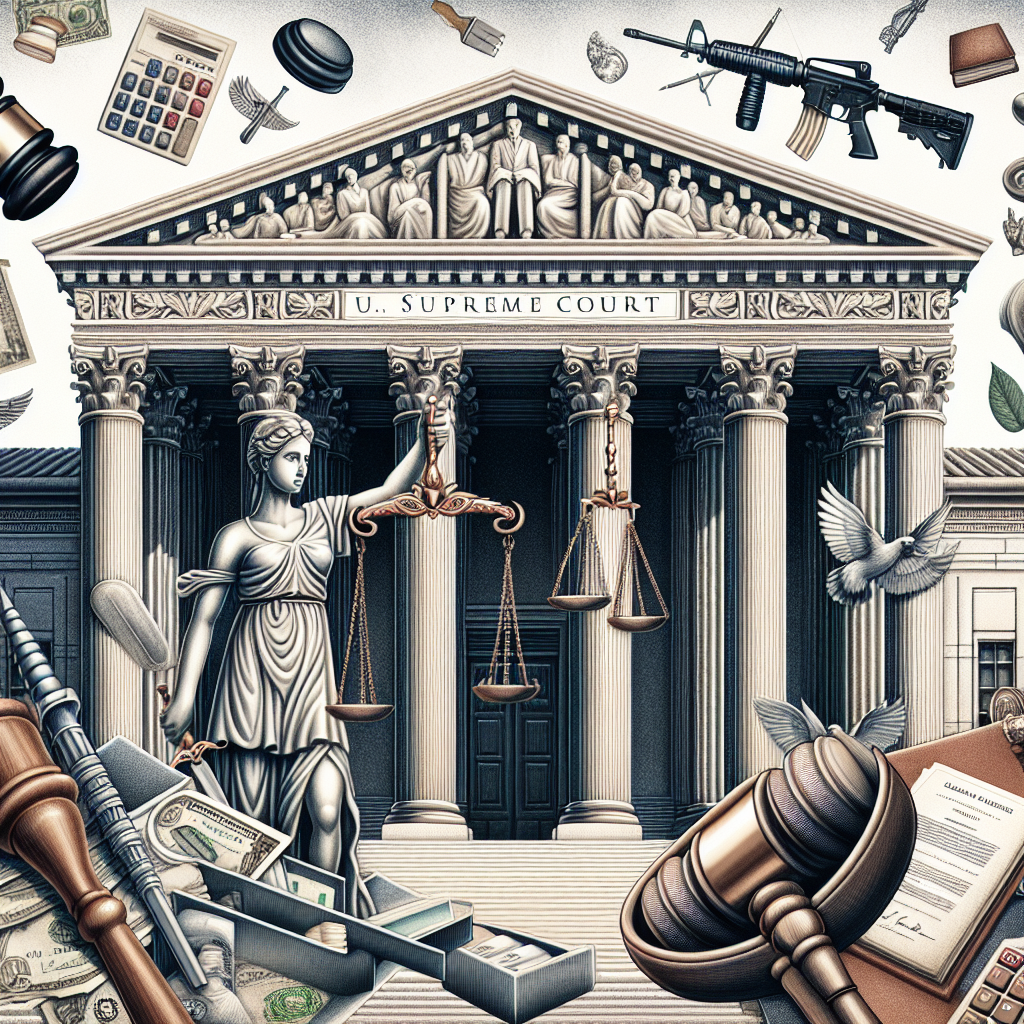 A detailed illustration depicting a grand, classical-style building symbolizing the US Supreme Court in the background. In the foreground, two scales of justice are balanced, one with a statue of a woman holding a medical symbol (for abortion laws) and the other with a firearm icon (for gun laws). Images of legal documents, gavels, and traditional law symbols scatter around, highlighting the legal aspect of the topic. Note: This image should not contain any specific individuals or hint at any bias - it's only to symbolically represent the Supreme Court's impact on these two significant American issues.