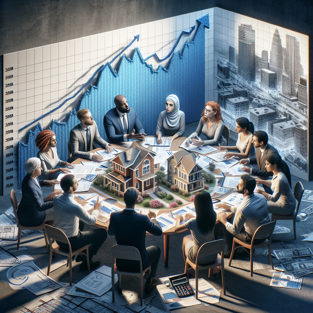 Visualize a robustly detailed scene showing different representations of the US housing market crisis. There's a large graph in the foreground displaying an upward trend to represent rising mortgage rates. Nearby, you see a diverse group of people: a Middle-Eastern woman, a Caucasian man, a Hispanic man, and a South Asian woman, all engrossed in a heated debate around a round table. They represent a mix of professions - a real estate agent, a bank loan officer, a city planner and a homebuyer. On their table lay blueprints, calculators, and documents showcasing various strategies. Their expressions show they're confident of overcoming the crisis.