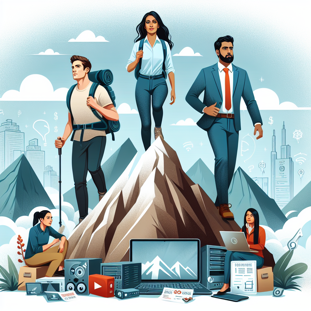 Illustrate an image detailing a career-focused professional journey illustration. To depict the theme 'Boost Your Career Amid Industry Shakeups', show a determined Caucasian male software developer, a confident Hispanic female data scientist, and a focused Middle-Eastern male project manager who are climbing a mountain that symbolizes their career growth. The mountain could be a dauntingly tall, craggy peak with the top shrouded in clouds, symbolizing the goal they're aiming for. At the bottom of the mountain, represent elements such as discarded servers, laptops, and empty office spaces, which symbolize tech layoffs and industry shakeups. The trio, each with hiking gear, should show resilience and determination in their faces as they climb, reflecting their desire to overcome these obstacles. At the top of the mountain, subtly indicate a brighter, more promising tech landscape.