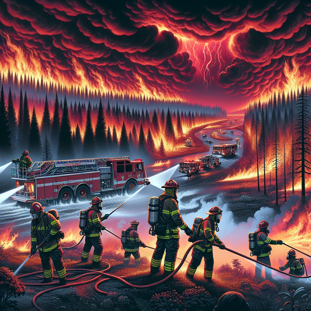 Illustrate a highly intense scene depicting a wildfire in a vast forest under an ominously crimson sky, symbolizing an extreme heatwave. In the foreground, showcase a diverse team of firefighters, including a Caucasian female and a Middle-Eastern male, in protective gear, battling the flames with state-of-the-art equipment. Incorporate elements such as a high-powered fire engine with extendable ladders and large hoses releasing powerful jets of water. In the background, subtly add a visualization of specific wildfire combat strategies like the creation of firebreaks and controlled burning. This scene should evoke a profound sense of urgency and resilience in the face of the climate emergency.