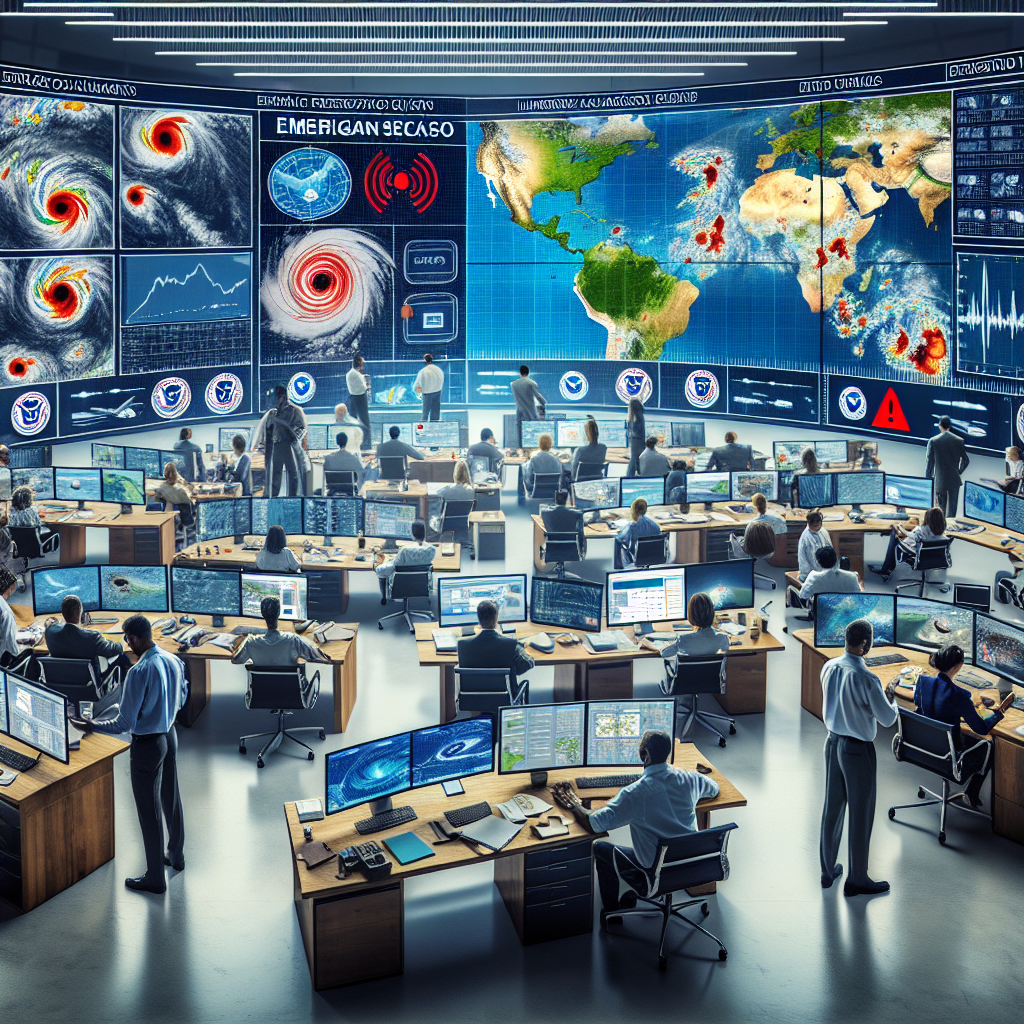 Visualize an intense situation showcasing emergency preparation for a hurricane season. The scene contains a well-organized emergency command center filled with various responsible officials of different genders and descents. They're ardently working on multiple wide screens displaying real-time weather updates, and geographical analyses, and they're also engaged in strategic discussions. Dispersed around are printed FEMA guides, hurricane-tracking maps, satellite images, and essential emergency equipment. To highlight the 'alert', let definite shapes of flashing red warning symbols, alert notifications and important updates visible on the digital screens and handheld devices.
