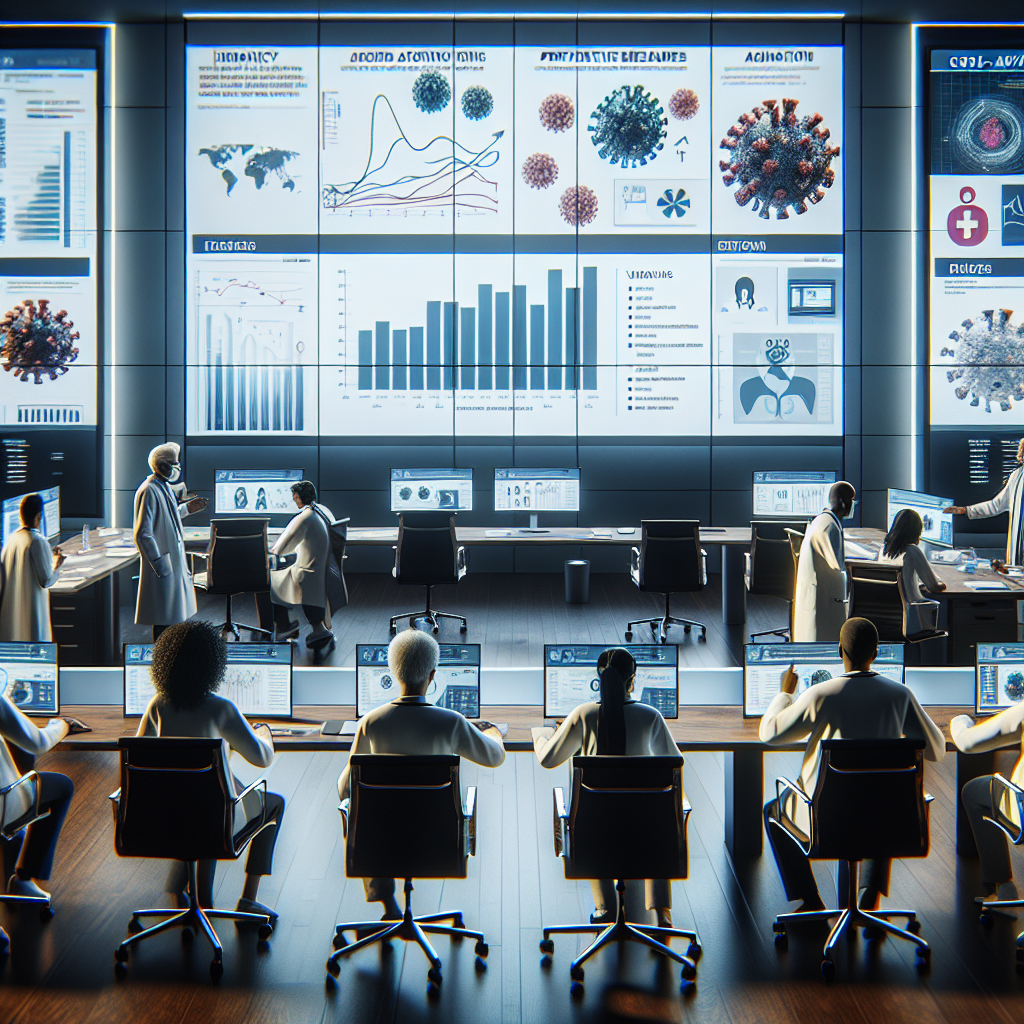 Visualize a scene that communicates urgency and information. Start with a detailed and realistic medical conference room with technology-filled screens showing charts and diagrams about different variants of a virus. Add a few healthcare professionals of various descents, including Hispanic, Asian, and Black, both males and females. They are actively discussing and analyzing data. Nearby, there's a bulletin board displaying CDC advisories and preventive measures against virus variation. The room emanates a sense of dedicated focus, and the atmosphere is filled with serious discussions indicating the gravity of the situation.
