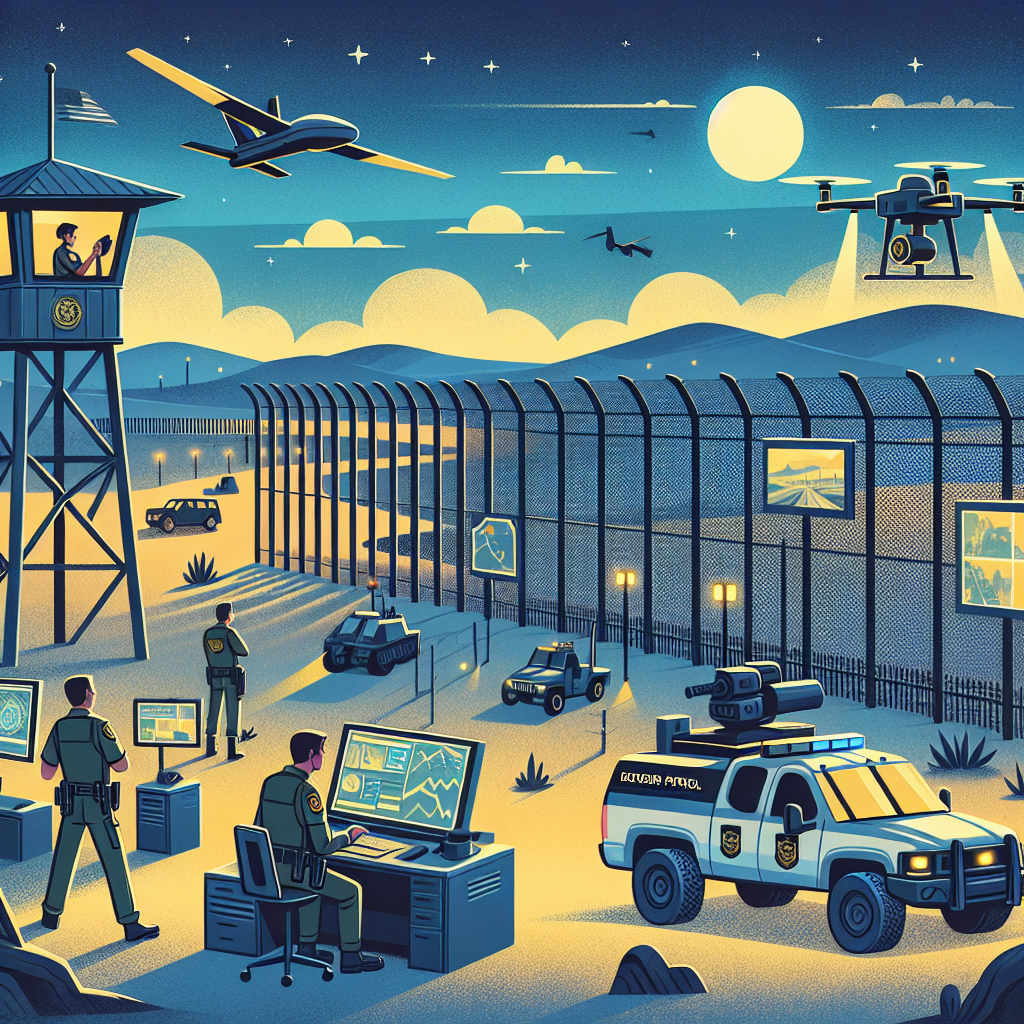 Illustration showing the concept of border security enhancements. This includes a tall fence running through a deserted landscape at twilight with high tech surveillance equipment and watchtowers. Various border patrol officers are performing their duties. One officer, a Caucasian woman, is monitoring security footage in a watchtower and a Hispanic man is conducting a ground patrol in a security vehicle equipped with night vision technology. A drone surveilling in the sky represents high-tech solutions used for border security. Please ensure all people and technology depicted are rendered in a respectful, non-stereotypical manner.