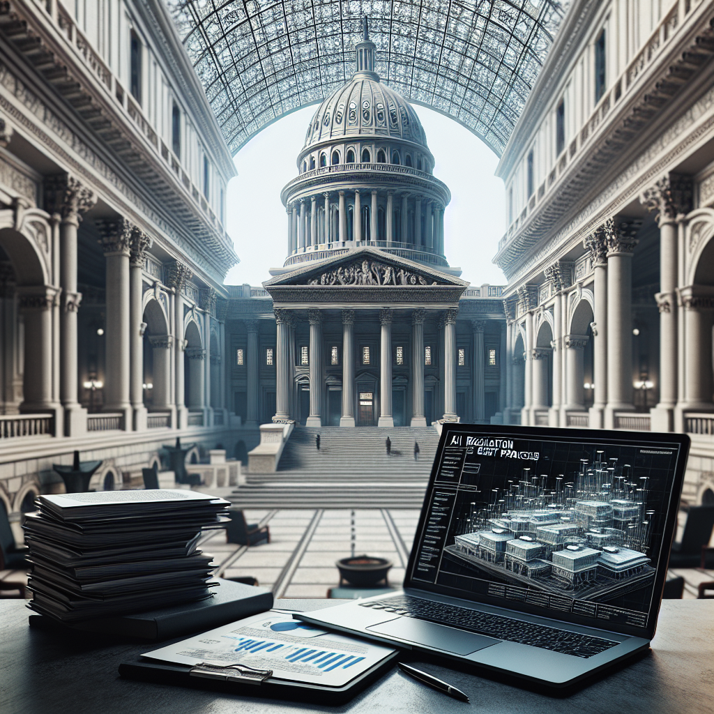 An imposing, beautifully architected government building in an austere neoclassical style, complete with intricate columns and a robust dome. In the foreground, there's an open laptop sporting a high resolution image of a complex flow chart titled 'AI Regulation: Best Practices'. Beside the laptop, neatly stacked reports and documents, hinting at intense study and discussion. The scene captures a synthesis of tradition and modernity, reflecting the challenge of integrating evolving technologies into established regulatory frameworks. An atmosphere of contemplation and responsibility reigns in the scene.