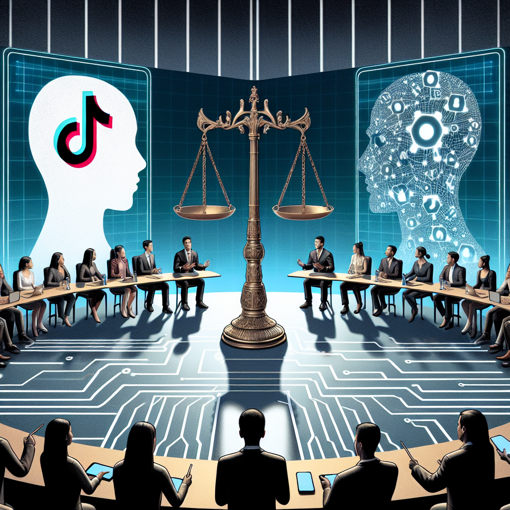 Visualize an intense debate setting with two sides, represented symbolically. On one side, depict a group of professional individuals with diverse descent and gender discussing next to a digital screen showing the TikTok logo. On the other, an equally diverse group of tech professionals in front a digital screen displaying a silhouette of the United States map overlaid with digital network connections. In the middle, place the scales of justice, symbolizing the balance between liberties and security concerns. In the background, subtly feature hints of Chinese elements to reflect the involvement of China in the issue.