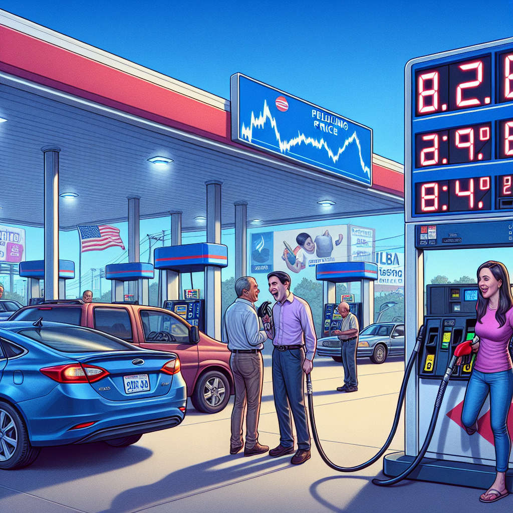 Picture a busy gas station in the US with several cars lined up to fill up their tanks. The station's price display shows remarkably low numbers, signaling the recent drop in gas prices. A Caucasian woman is on one side filling up her sedan while a Hispanic man is seen enthusiastically discussing the lower prices with a Middle-Eastern station worker. In the background is a billboard with news about energy policy changes that have led to these reductions. A digital screen embedded into the billboard displays a line graph illustrating the falling trend in oil prices.