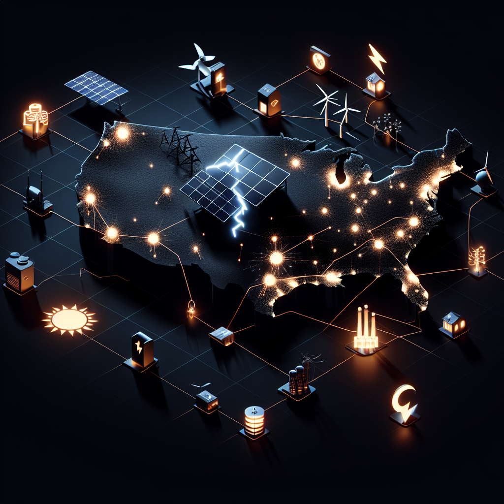 An illustrative image showcasing the issue of nationwide blackouts. The image includes a large-scale map of a country visibly in darkness, highlighting the nationwide impact of the blackout. Also included in the image are the icons of various relevant solutions such as solar panels, wind turbines, and battery storage units, indicating the must-have solutions for preventing grid failure. These solutions are connected, forming a network or grid of preventative measures. The image should convey a message of urgency and the importance of adopting these solutions to avoid nationwide blackouts.