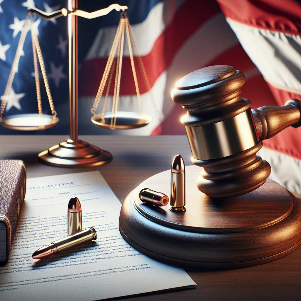 An illustrated representation of a gavel and legal documents, symbolizing federal legislation, next to a translucent, empty bullet casing to represent gun violence. All elements should be situated on a desk with an American flag draped in the background. The concept should evoke feelings of justice, law, and order, while creating awareness for the issue of gun violence.