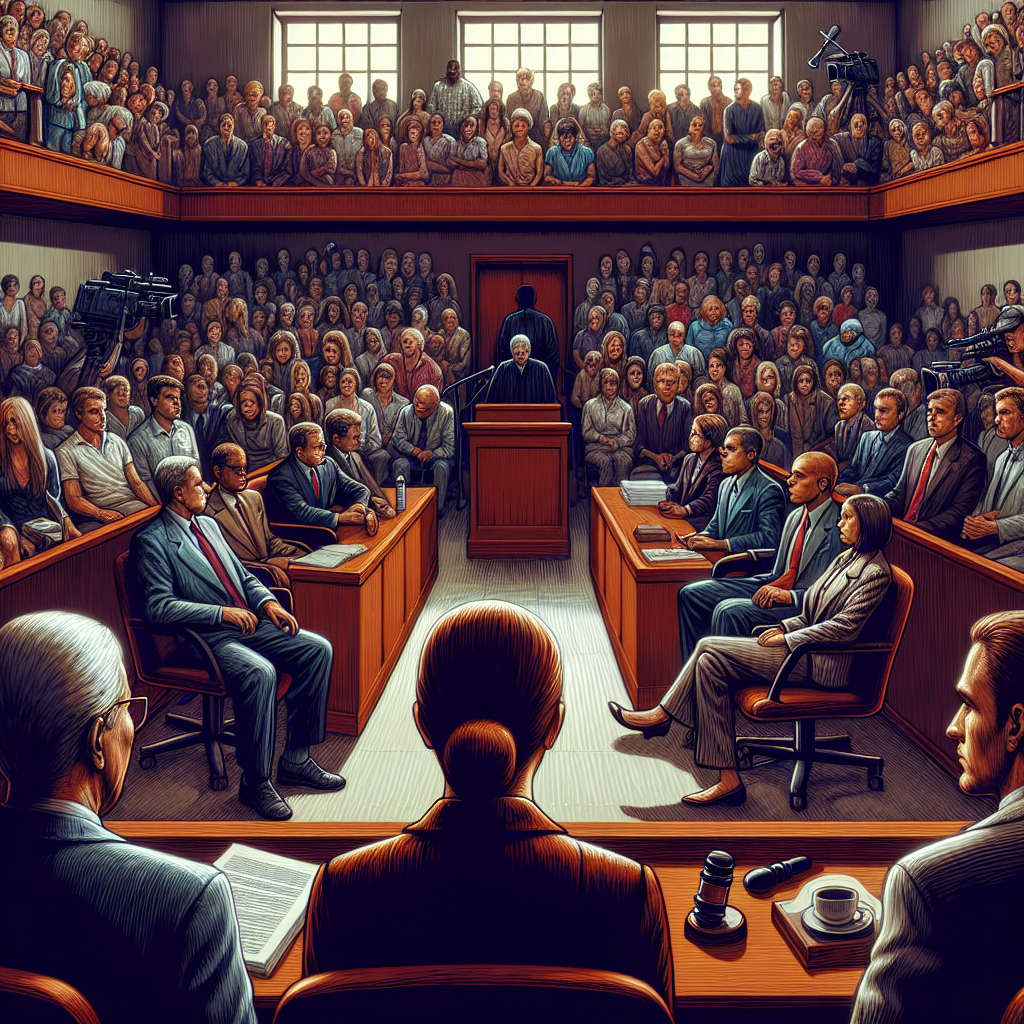 depiction of a dramatic courtroom scene during a high-profile criminal trial in the United States. The room is packed with individuals of diverse descents and genders equally representing lawyers, jury members, spectators, and press. Foreground shows an anxious defendant awaiting the verdict. Background displays a stern judge ready to announce the decision. Highlight the intense emotions, tension and anticipation present in such situations. The overall setting is ethically neutral and respectful of the gravity of the situation.