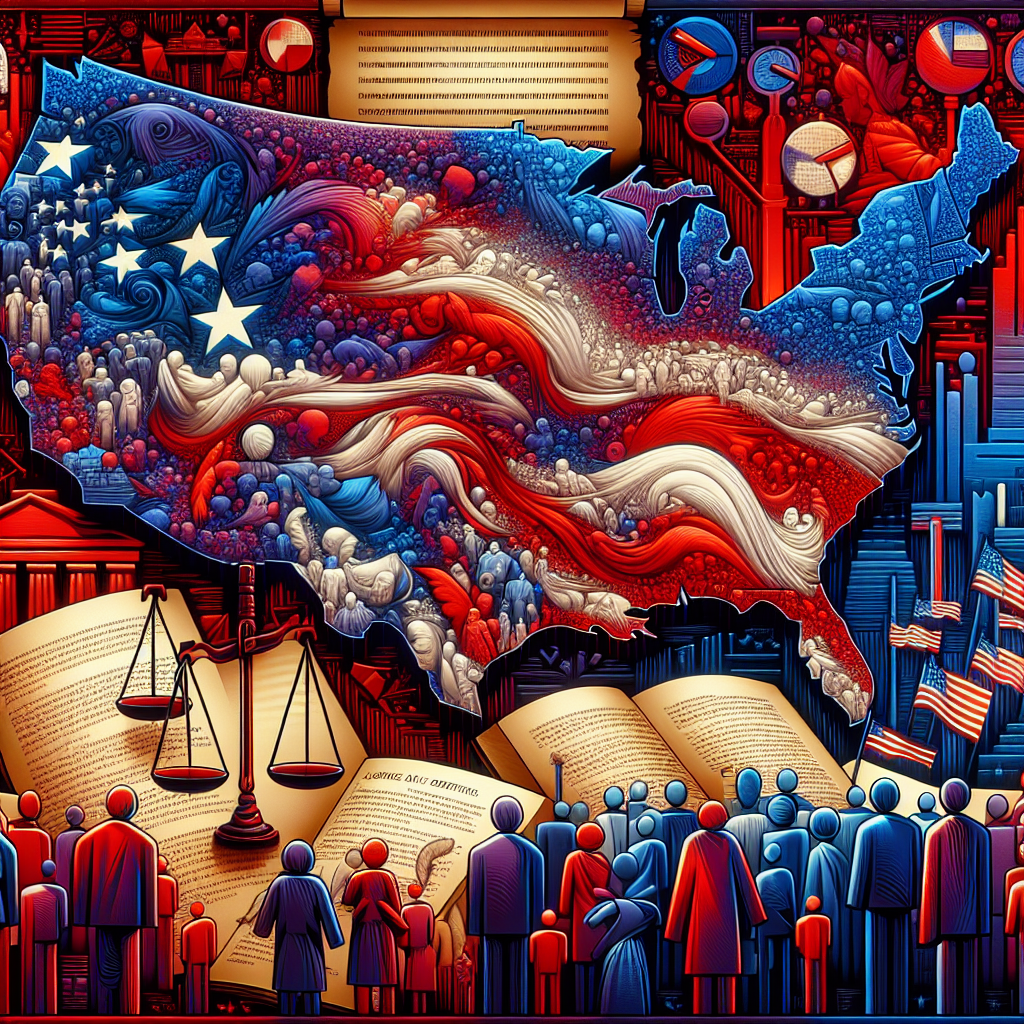 An abstract representation of the aftermath of a general election, showcasing a blend of red and blue colors across a map, possibly hinting towards the different political orientations. In the foreground, visual representations of law books and scrolls indicating changes in voting laws, with symbols of balance scales suggesting fairness and justice. Also, depict a group of multinational people which includes Caucasian, South Asian, Black, Hispanic, and Middle Eastern individuals casting their vote to ensure diversity. Do not depict any specific public figures or politician.