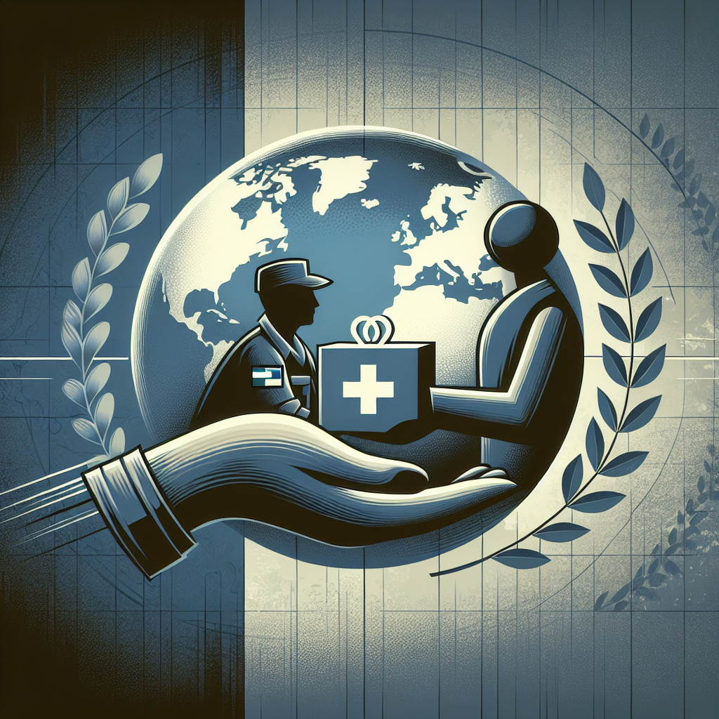 A high-quality and relevant image displaying a concept of global security. Picture a globe with different nations highlighted, symbolizing areas of military aid. On the globe, there's a neutral human figure representing the concept of aid, courteous, respectful and gender-not-specific, holding a package marked with a plus sign, highlighting care and help, handing it to another human figure of a different ethnicity to symbolize international cooperation. Above these, an olive branch, a universal symbol of peace. The color scheme should lean towards soft blues, grays and whites to give an overall peaceful, diplomatic, and professional feel.
