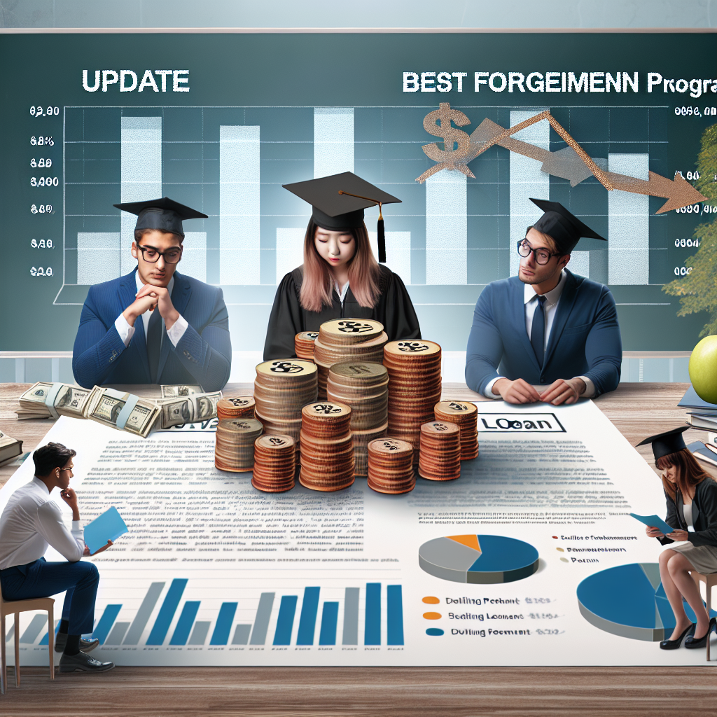 An image capturing the concept of 'student loan repayment'. In the center, there's a pile of coins representing the loan amount. Around it, a female Asian graduate, a male Caucasian scholar, and a black non-binary individual are looking relieved and hopeful as they read an update banner about 'Best Forgiveness Programs Revealed'. The table they're on is overlaid with charts and graphs showing a downward trend, symbolizing decreasing debt. The background features a college campus. A sense of progress and positivity should permeate throughout the scene.