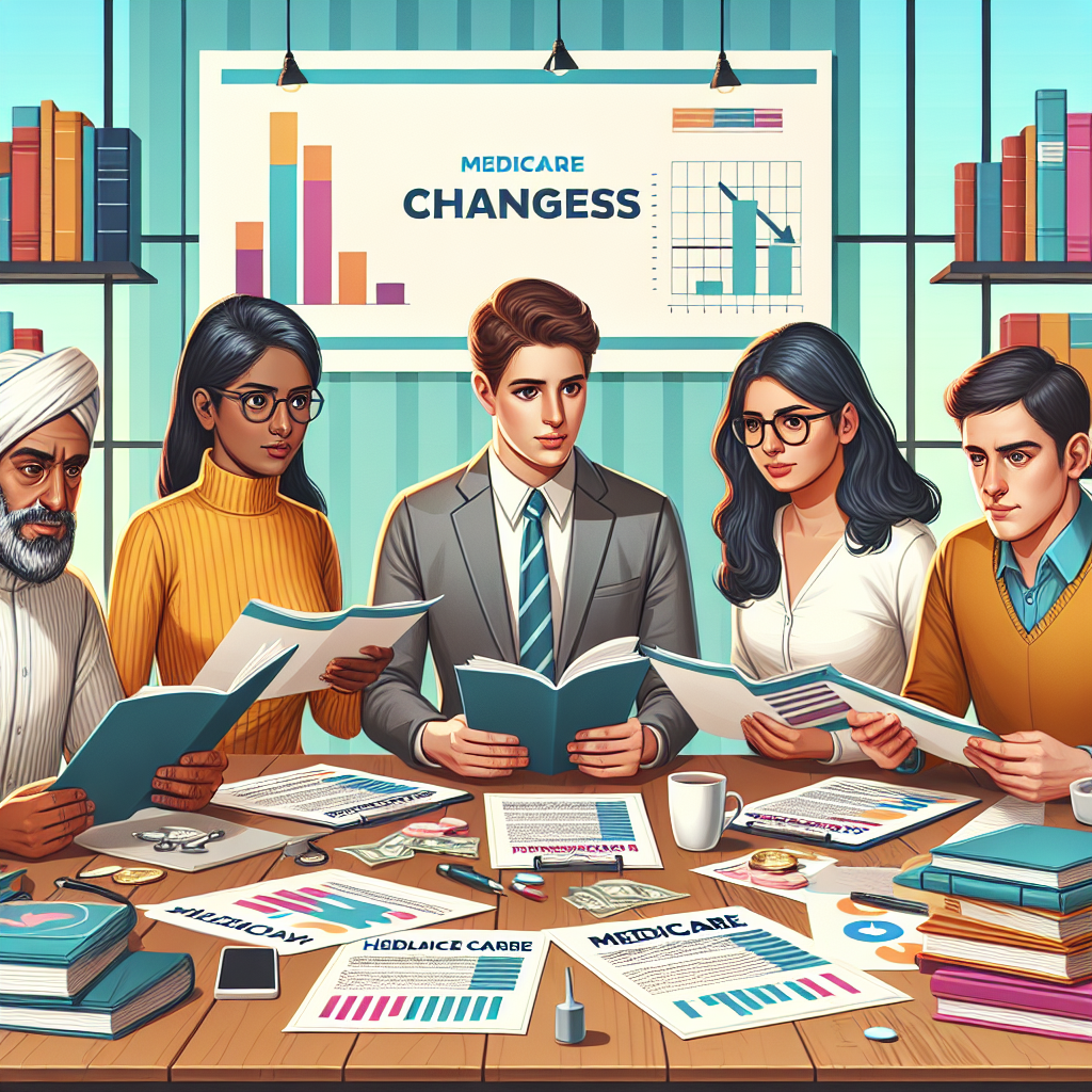 Illustration of a group of diverse people including a Middle Eastern man, Caucasian woman, South Asian woman and a Hispanic man. They are gathered around a table, studying documents with the header 'Medicare Changes'. They are in a bright, well-lit room, filled with stacks of healthcare-related books, charts indicating healthcare costs, and a laptop displaying a bar graph for healthcare costs. The expressions on their faces are thoughtful and focused, highlighting their ongoing discussion on these changes and potential solutions to healthcare costs.
