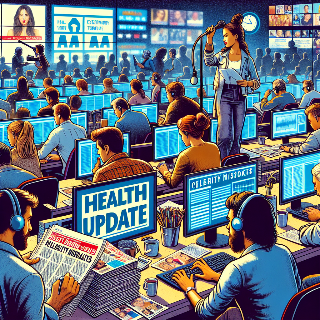 A bustling newsroom filled with various activity. Journalists hunched over their computers researching and typing up articles, a giant digital screen displaying news, a South Asian male journalist holding a 'Health Update' board, and a Caucasian woman speaking into a microphone wearing headphones at a podcast station. In the corner, a stack of magazines titled 'Celebrity Milestones'. The mood is intense and full of energy, every individual engaged in their task.