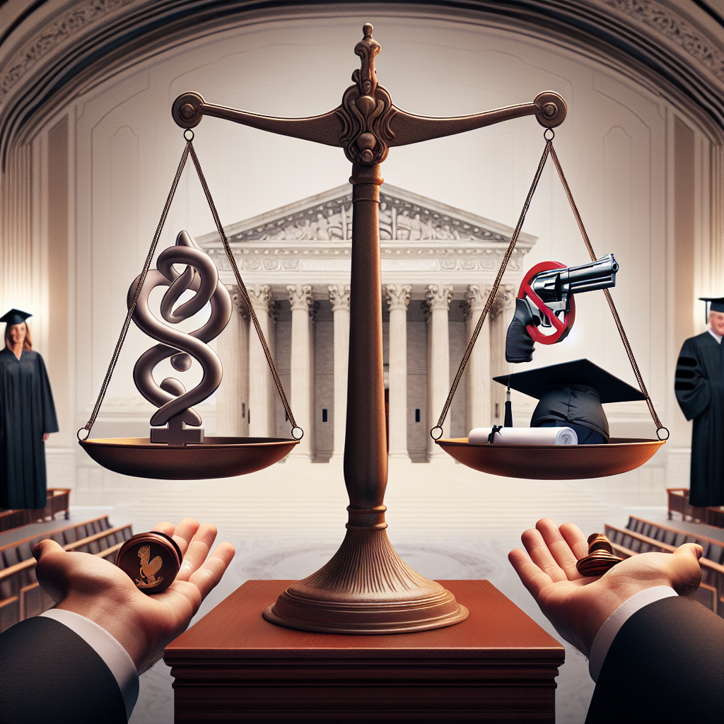 Create a thought-provoking image illustrating the balance of opinions on three key topics: reproductive rights, firearm regulation, and education funding. In the center, depict the scales of justice, a symbol of the judiciary. On one side of the scales, show a medical symbol intertwined with a female symbol, representing women's health and reproductive rights. On another side, illustrate a hand holding a diploma, symbolizing education funding. On the third side, depict a firearm inside a prohibited sign, signifying firearm regulation. The background should be an elegant courtroom architecture, representing the Supreme Court.