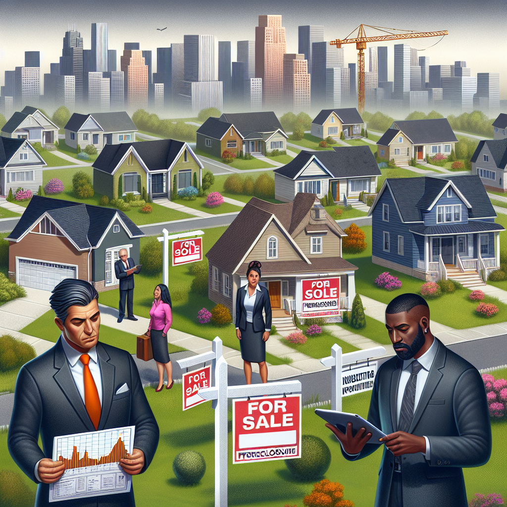 Terrain view of a typical American suburban neighborhood showing a mix of for sale and foreclosure signs on the lawns. On the side, there's a diverse group of people. A South Asian man is depicted as a real estate agent showing a chart of declining prices, a Caucasian woman as a banker reviewing documents, and a Black man as a successful investor browsing new opportunities on his tablet. The background portrays a skyline with construction cranes, symbolizing new housing developments. The atmosphere should evoke a sense of urgency but also hope for potential solutions.